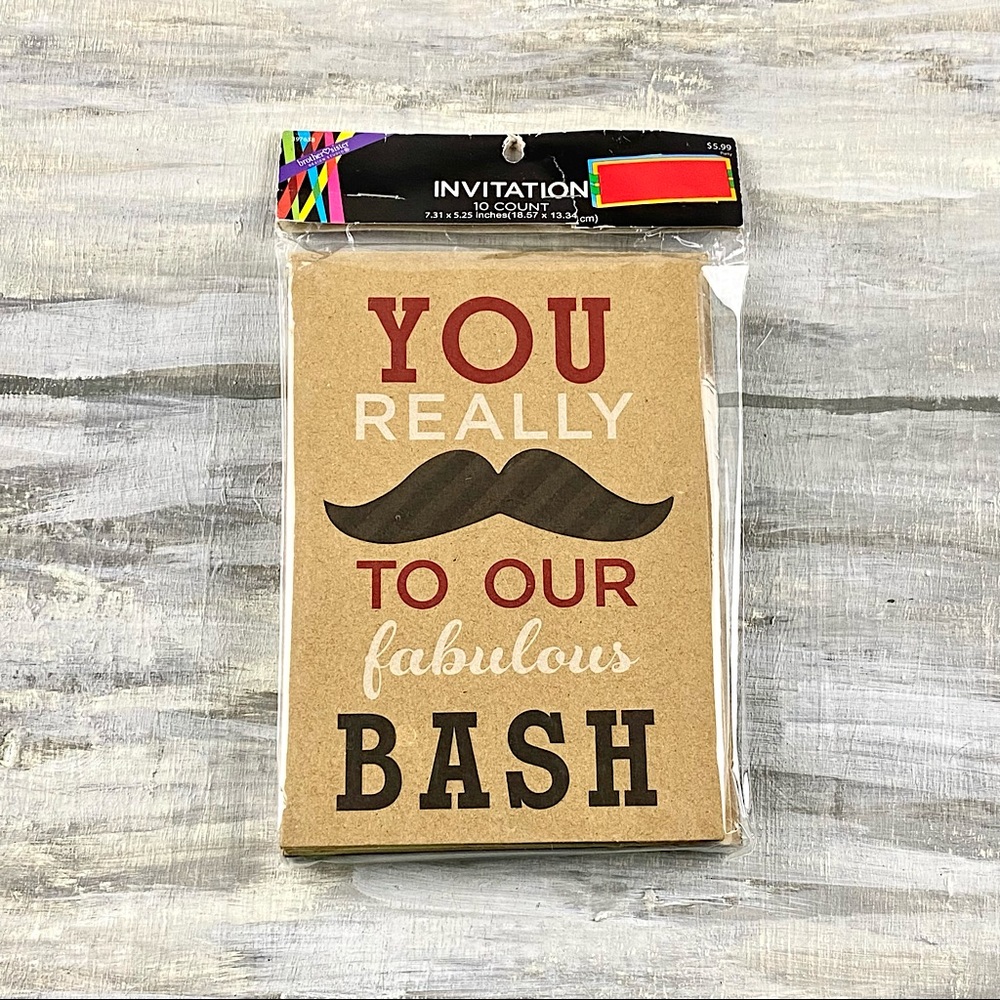 Large Party Invitation Cards With Envelopes 10 Mustache TriFold Blank Inside NWT